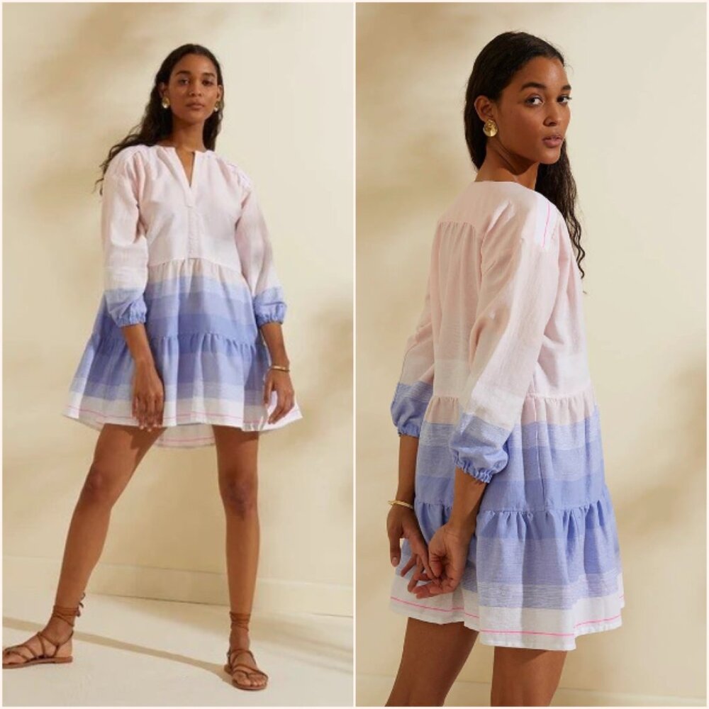 LemLem Jelba Popover Dress Sunrise Sky Pink Blue White Swing Dress Small